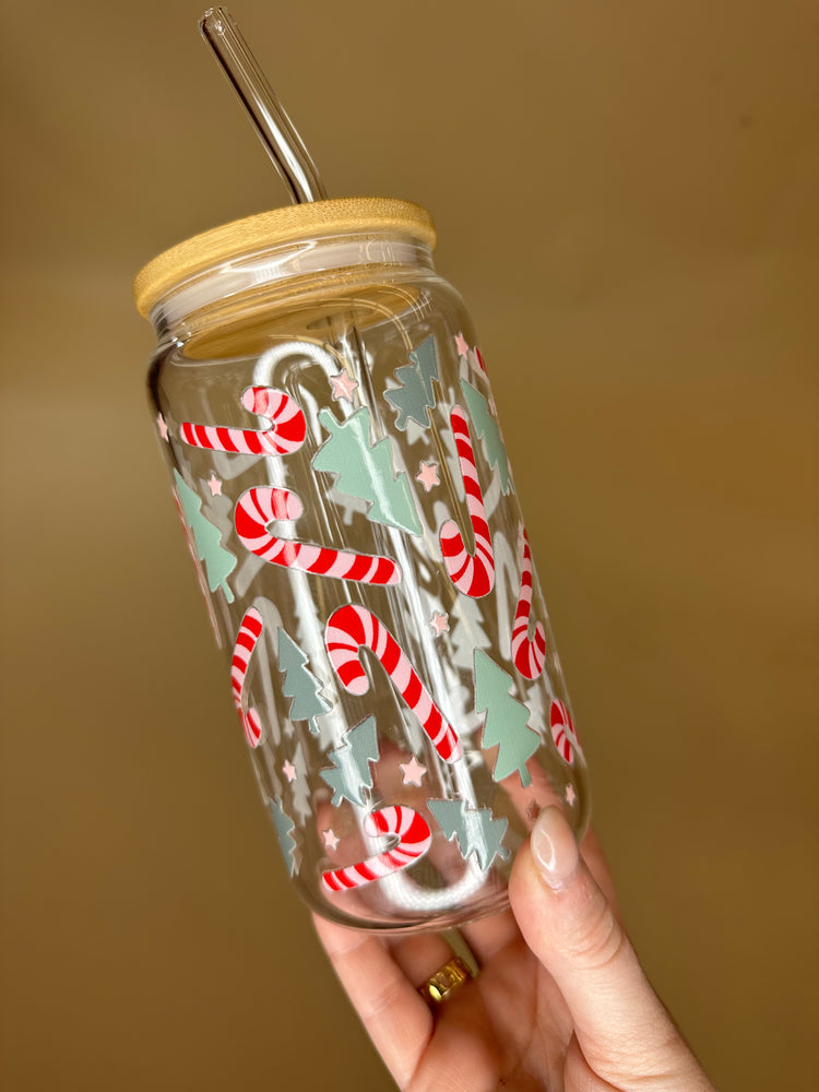 CHRISTMAS TREE & CANDY CANE GLASS TUMBLER 16oz