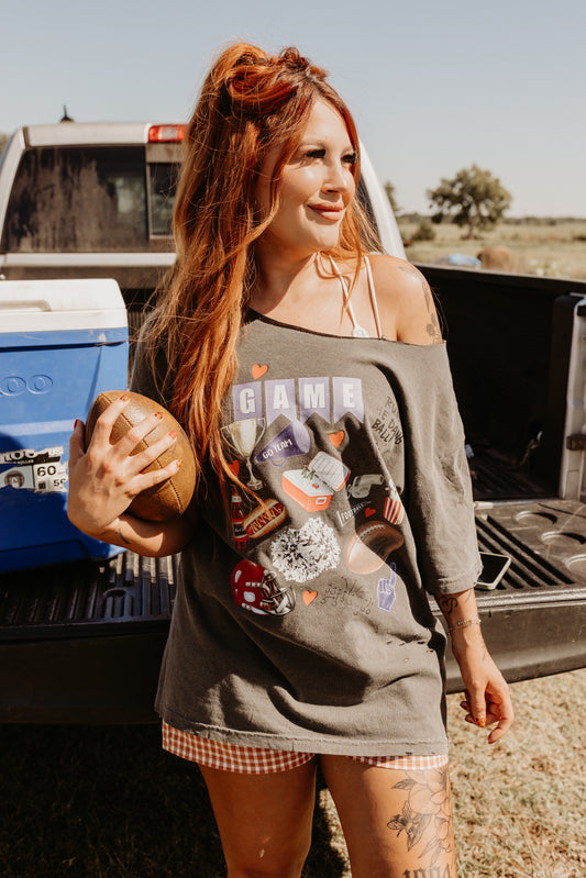 Off Shoulder Game Day Collage Distressed Tshirt